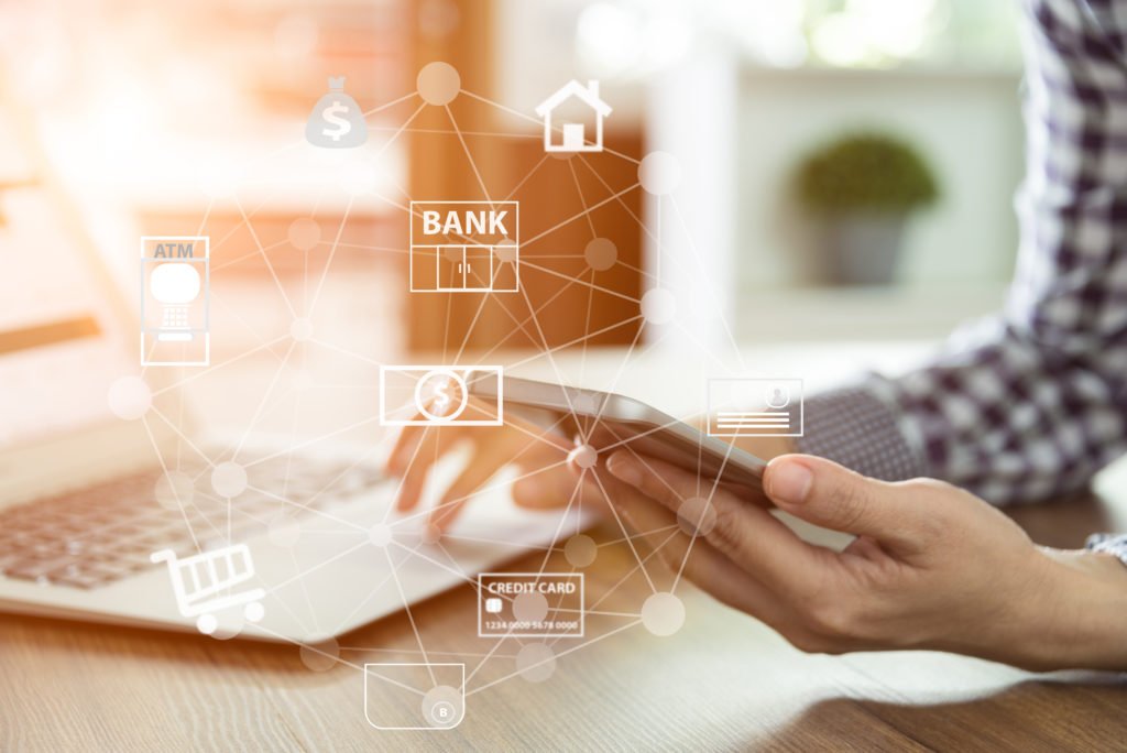 Mobile,Banking,Network.,Business,People,Using,Mobile,Phone,With,Icon
