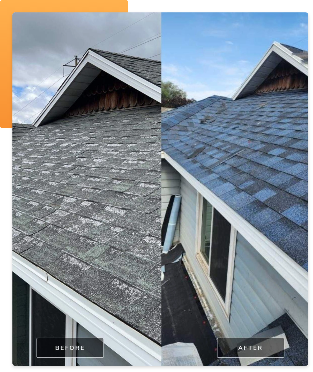 Common Types of Roofing Problems, before and after pictures of a roof with a gold square beneath a picture in the top left