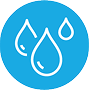 Blue, circle icon with three water droplets in the center