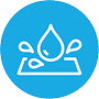 Blue, circle icon with water droplet in the center