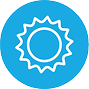 Blue, circle icon with sun in the center